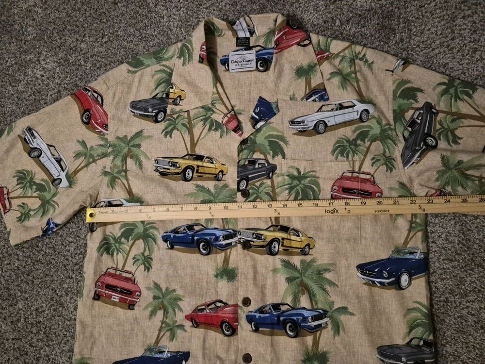 David Carey Mens L Shirt Green Ford Mustang Classic Car Tropical Hawaiian - Picture 5 of 6